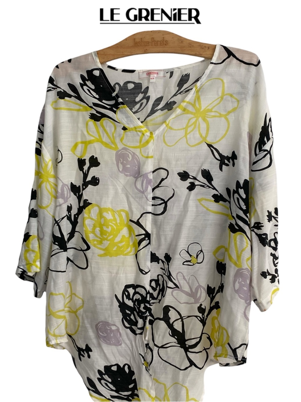 Le Grenier White Floral V-Neck Tunic with Yellow & Black Print